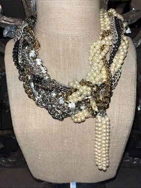 Banana Republic Ivory Pearl, Gold & Silver Multi-Strand Statement Necklace